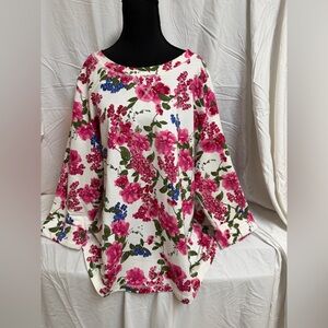 Women's White Floral Boatneck Top with Pink Bloom Print